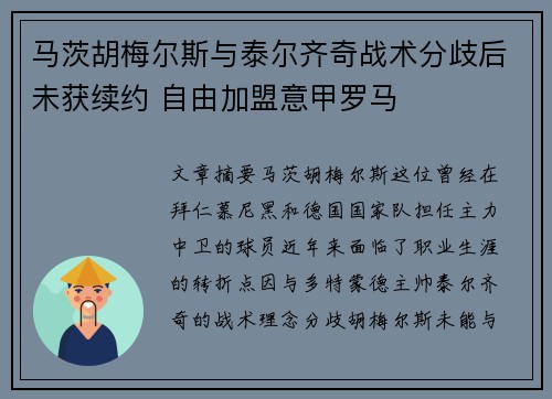 马茨胡梅尔斯与泰尔齐奇战术分歧后未获续约 自由加盟意甲罗马 马茨胡梅尔斯与泰尔齐奇战术分歧后未获续约 自由加盟意甲罗马